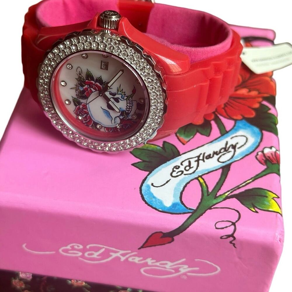 NIB Ed Hardy Love Kills Slowly Watch Swarovski Crystals & Red Pink Band Y2K
